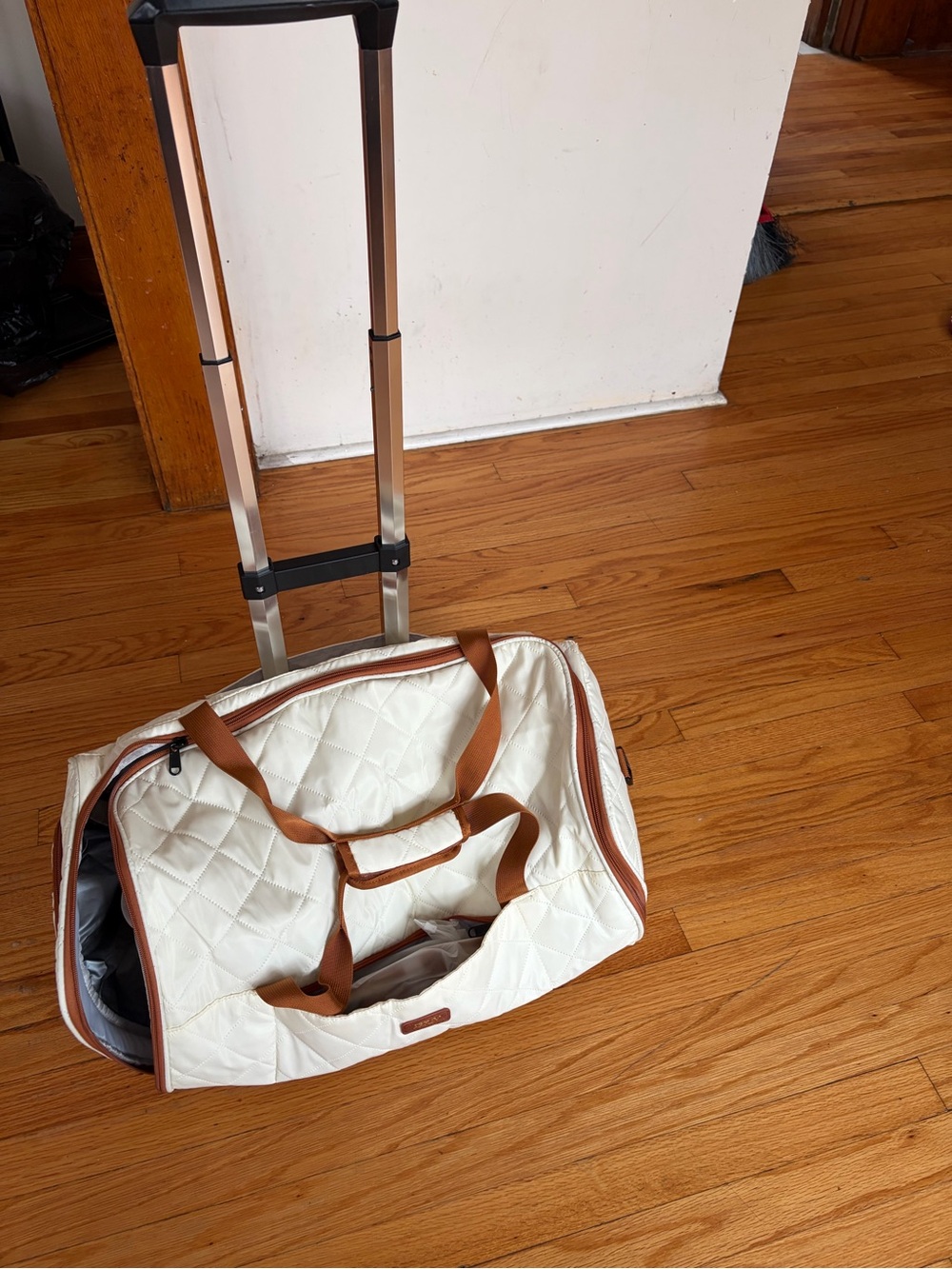Men's Quilted White Travel Duffel with Brown Trim
